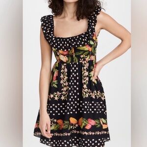 Farm Rio Cocoa Paradise Black Floral & Polka Dot Ruffle-Trim Mini Dress